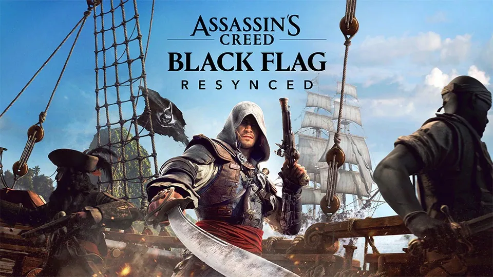 Arte oficial de Assassin's Creed Black Flag Resynced con Edward Kenway en cubierta.