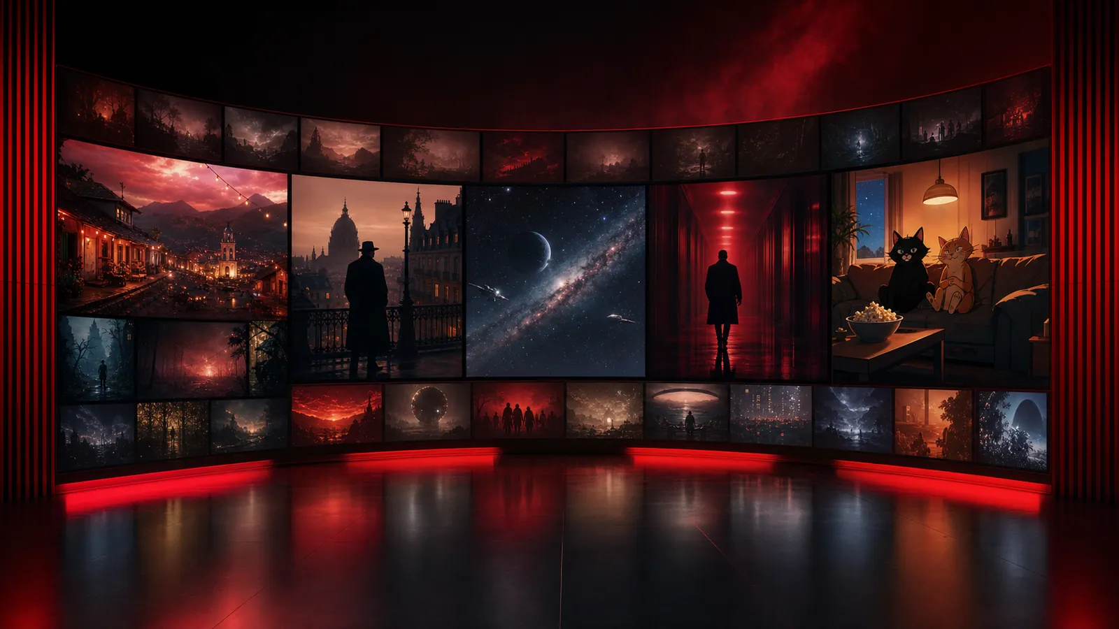 Muro curvo de pantallas con escenas de distintos géneros iluminado en rojo, para el calendario de series de Netflix 2026.
