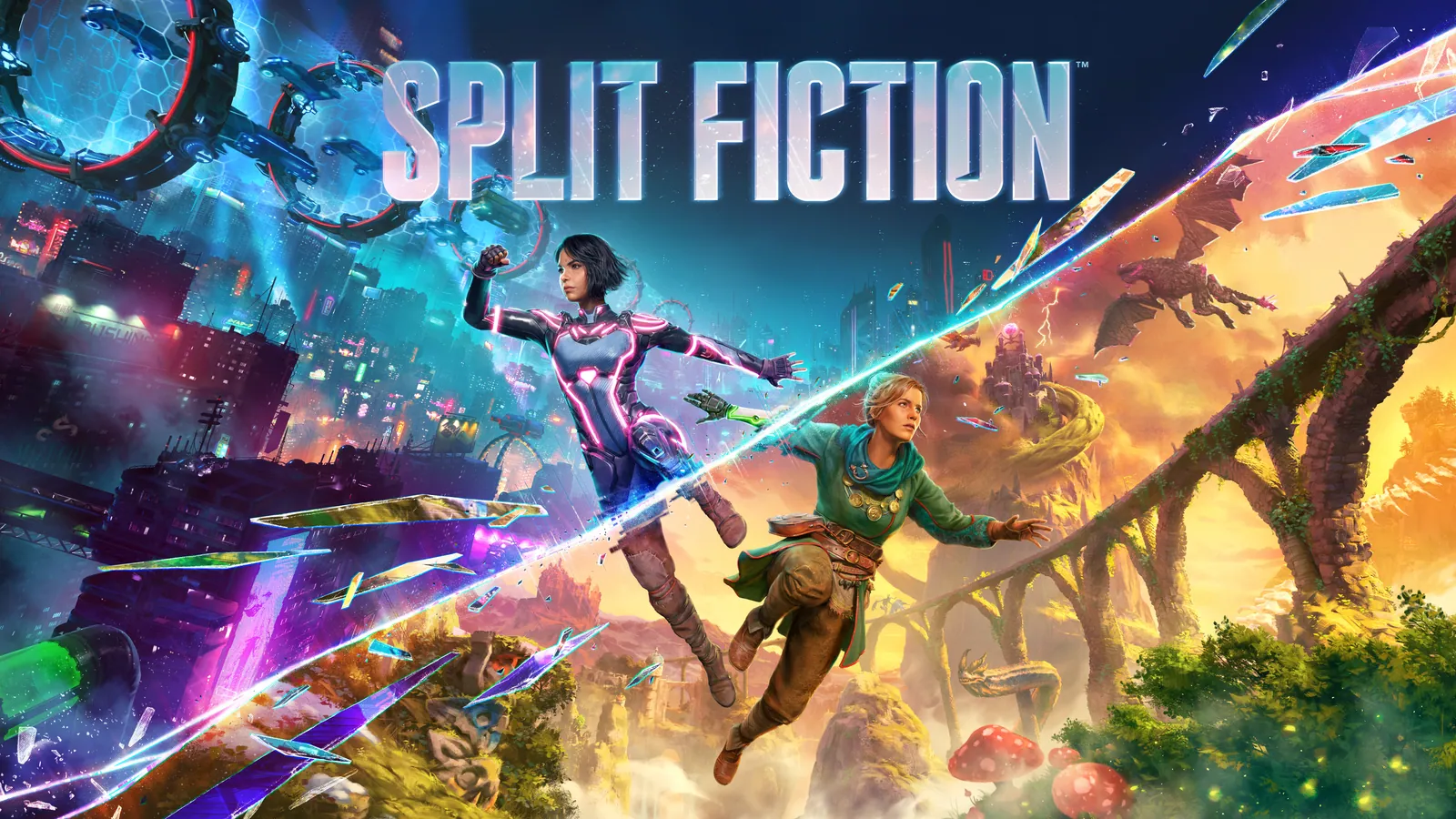 Arte oficial de Split Fiction con Mio y Zoe entre un mundo de ciencia ficción y otro de fantasía.