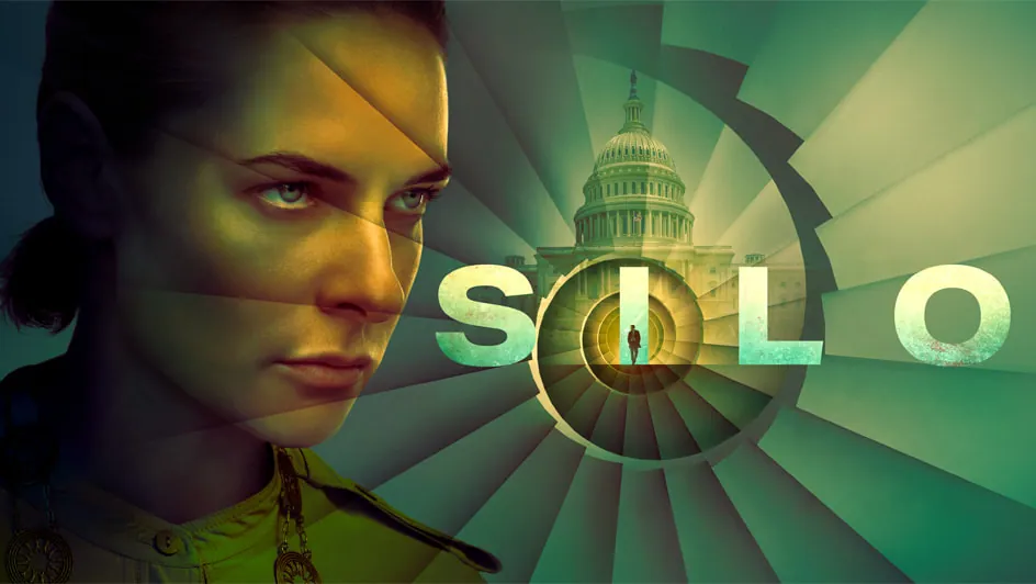 Arte oficial de Silo publicado por Apple TV, con Juliette Nichols, una escalera circular y el título de la serie.