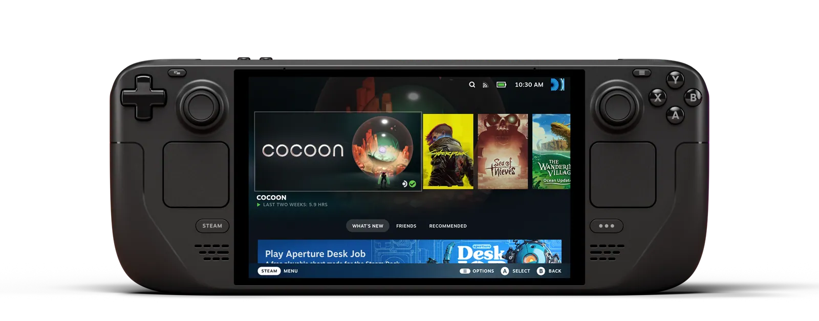Imagen oficial de una Steam Deck OLED con la biblioteca de Steam en pantalla.