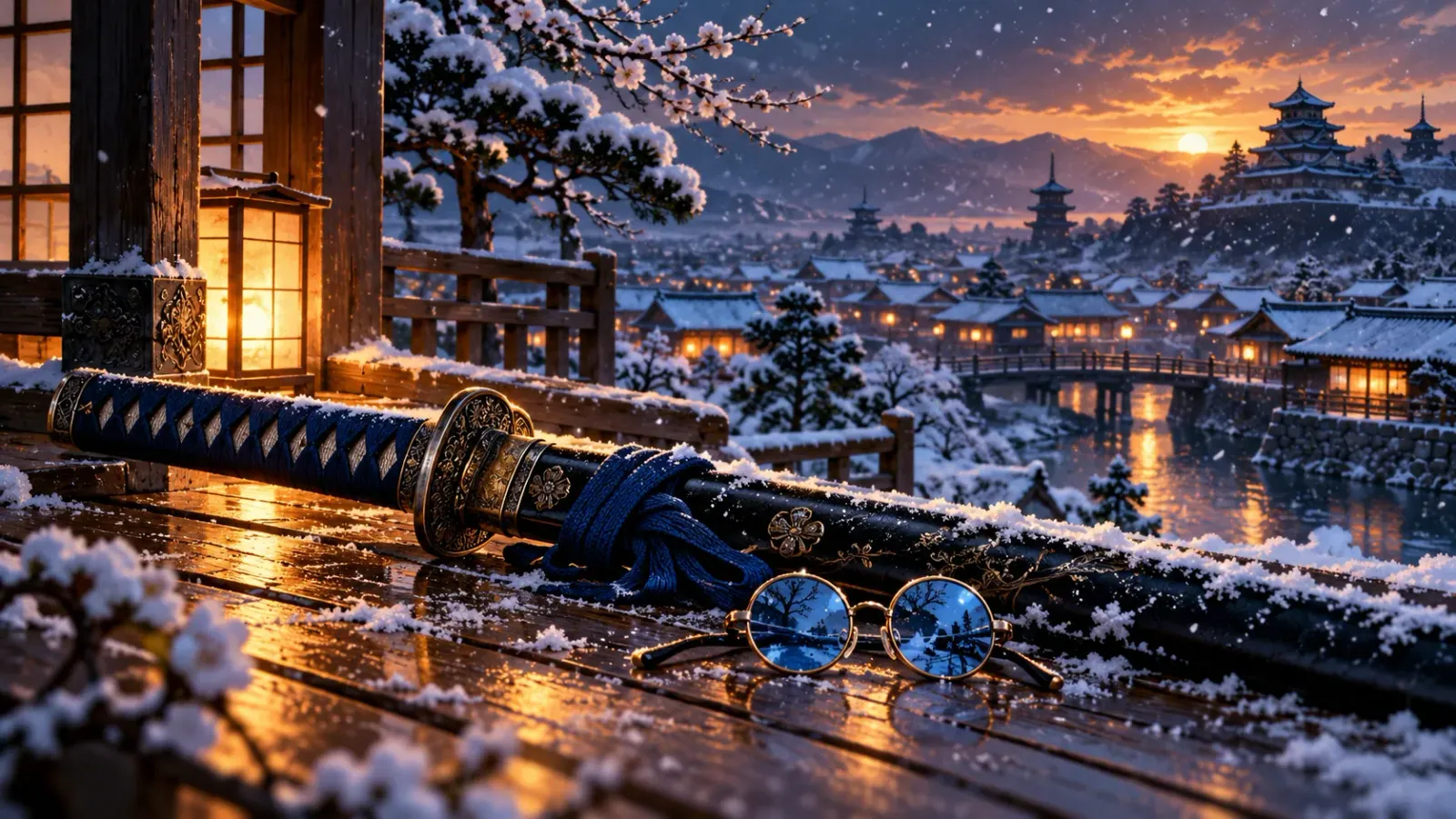 Ilustración de una espada envainada y gafas azules sobre una terraza nevada.