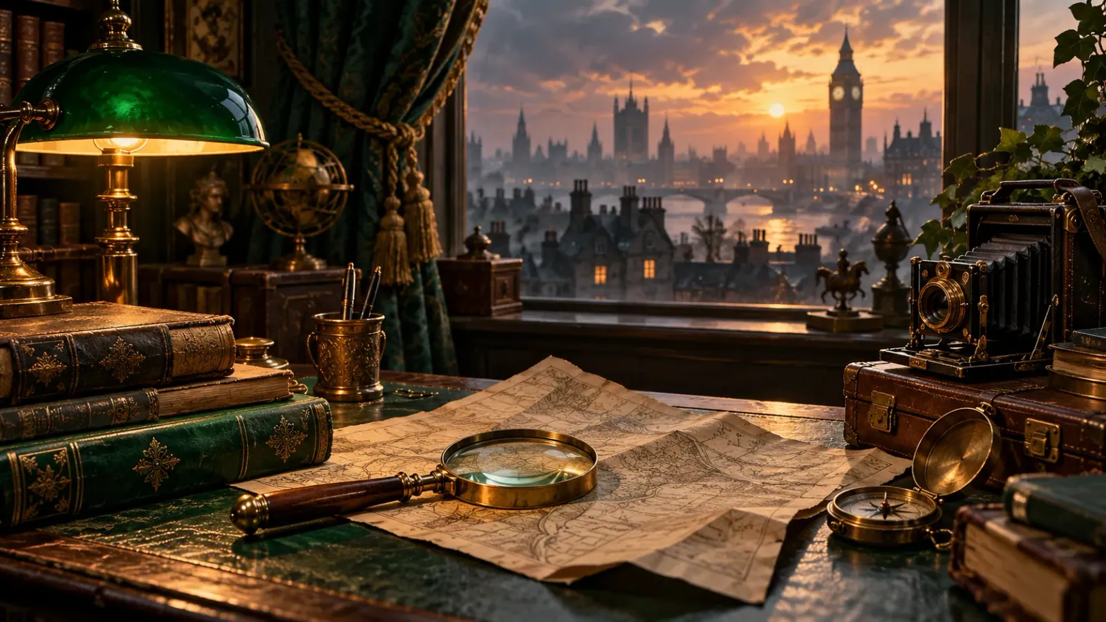 Ilustración de una lupa, libros y una cámara antigua ante una ventana de Londres.