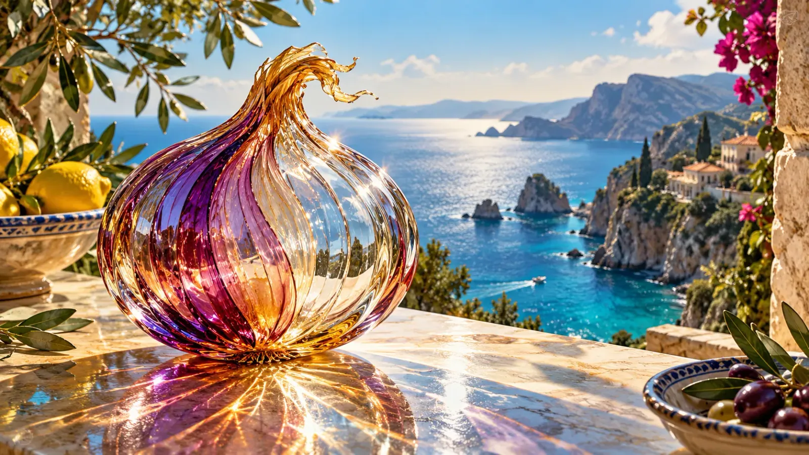 Ilustración de una cebolla de cristal frente a una costa mediterránea.
