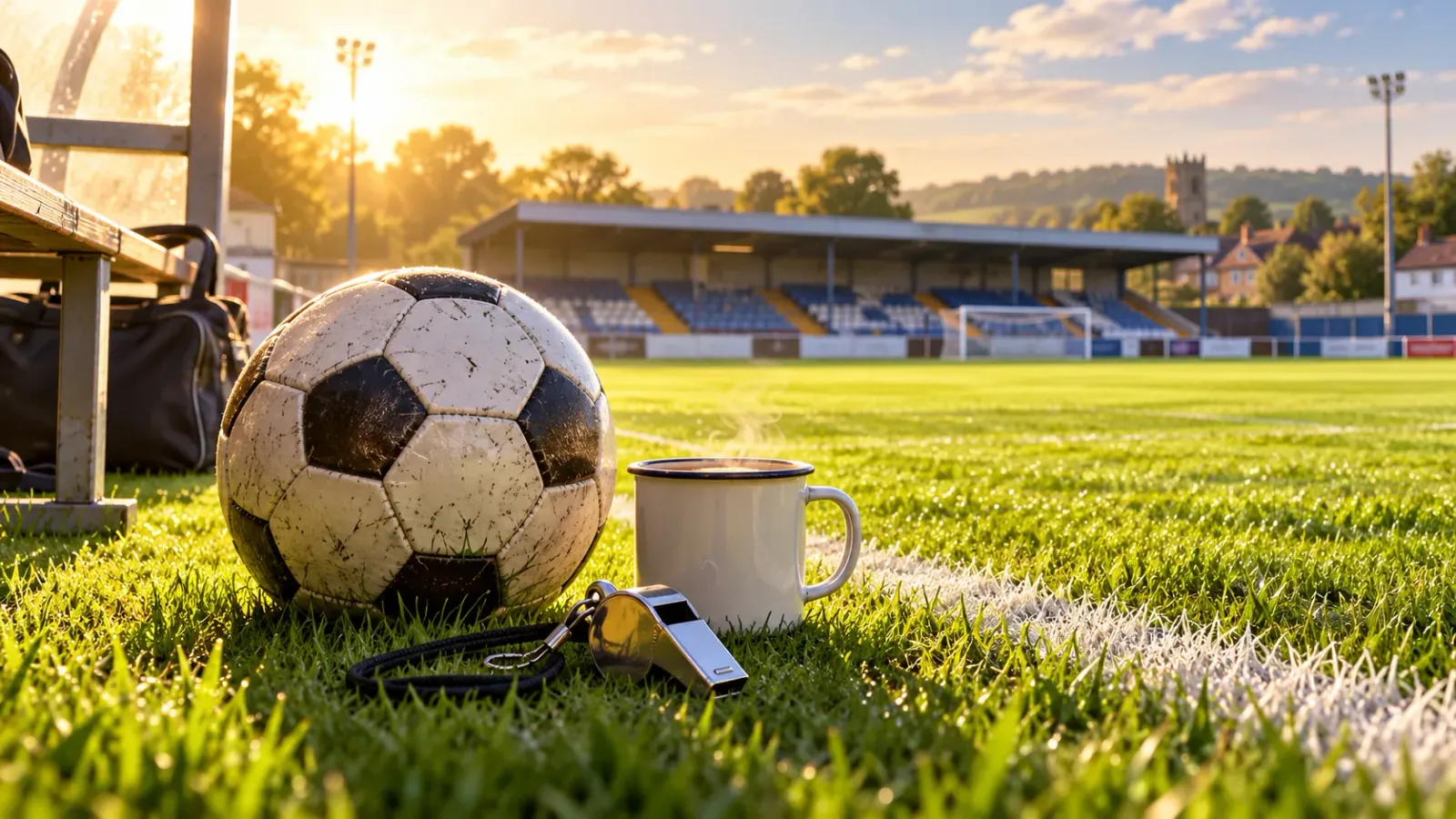 Ilustración de un balón, un silbato y una taza junto a un campo de fútbol.